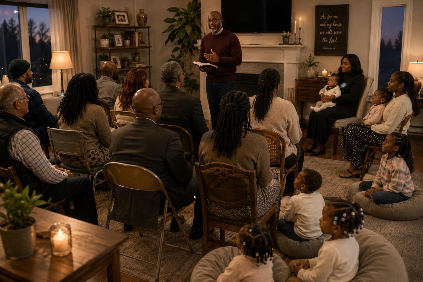 Believers gathered in a warmly lit room