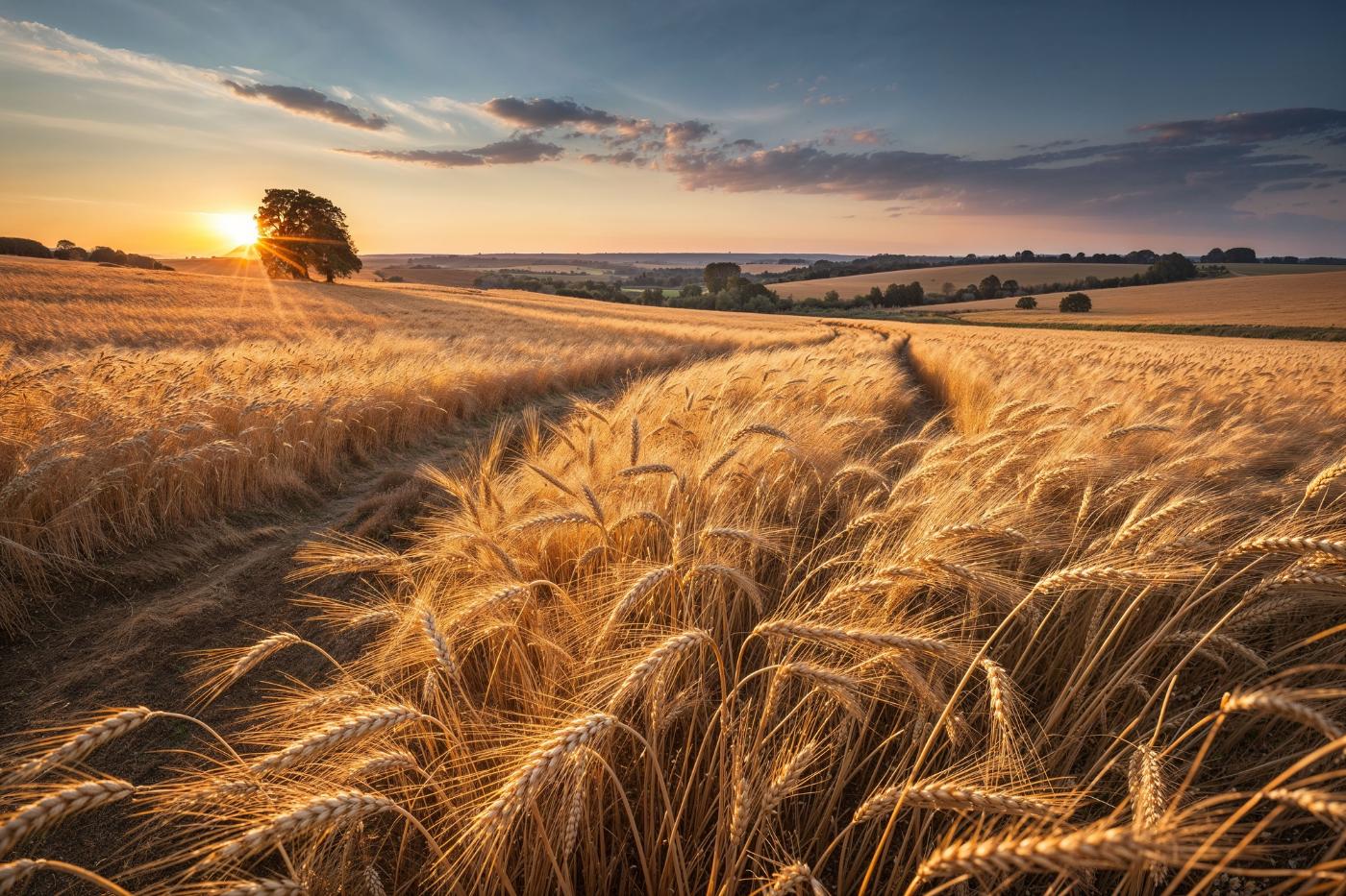 Golden wheat field at sunset